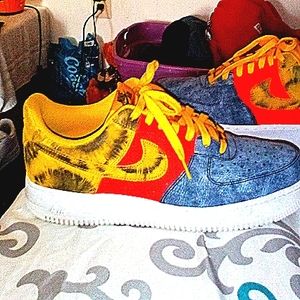 Nike Air Force 1s custom shoes, size 10 charcoal/mustard yellow/fl. orange.